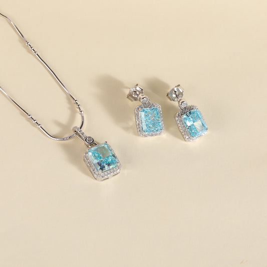 925 Sterling Silver Aqua Blue Pendant Set