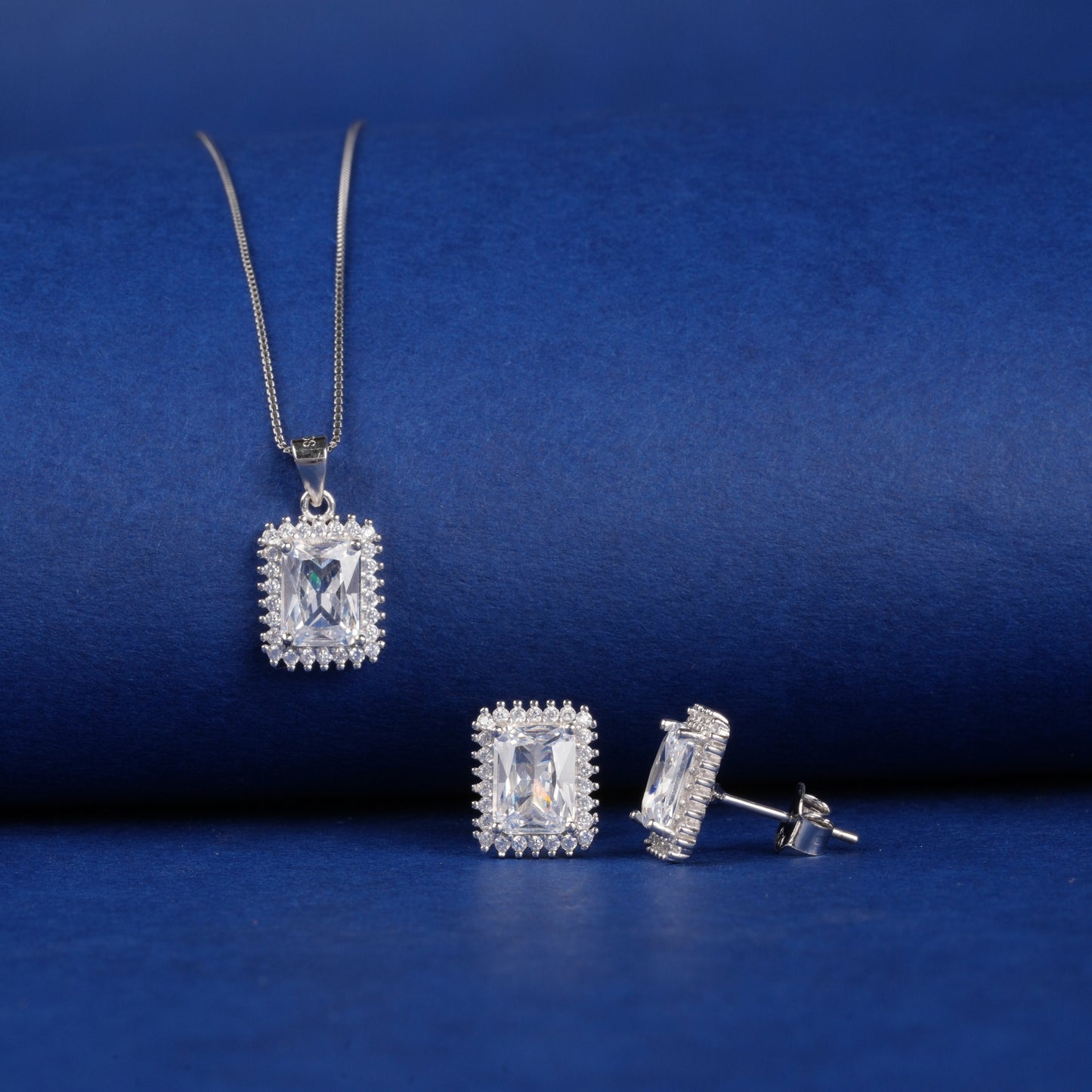 925 Sterling Silver Rectangle Solitaire Pendant Set