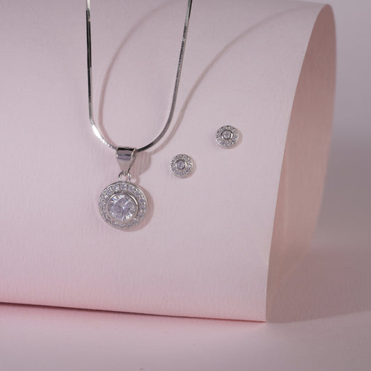 925 Sterling Silver Round Solitaire Pendant Set