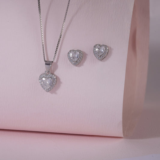 925 Sterling Silver Heart Solitaire Pendant Set