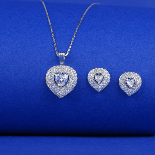 925 Sterling Silver Solitaire Heart Pendant Set