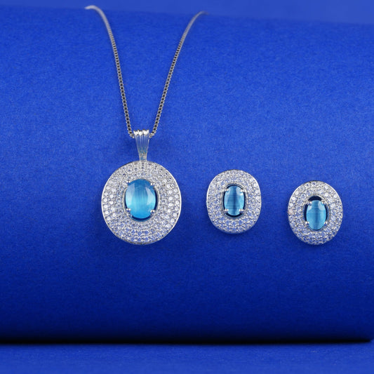 925 Sterling Silver Solitaire Oval Pendant Set (Blue)