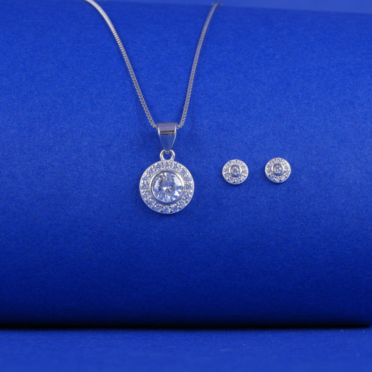 925 Sterling Silver Round Solitaire Pendant Set